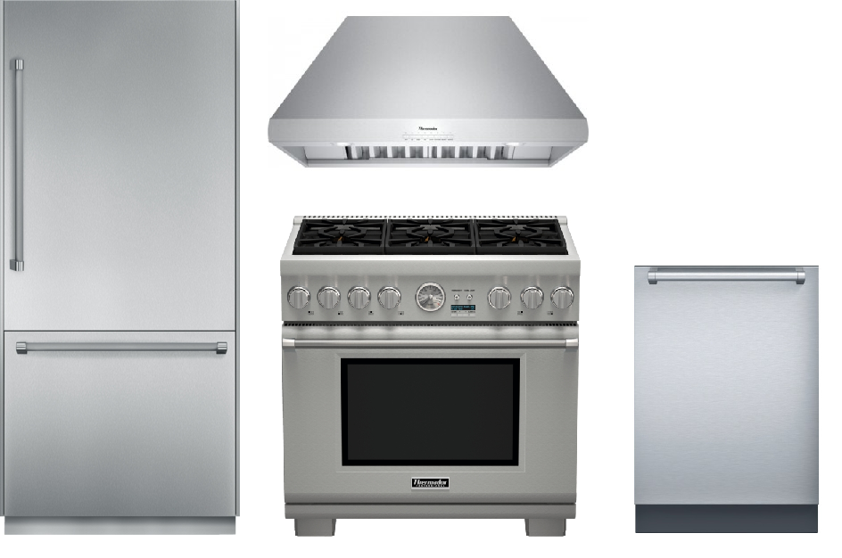 Thermador 36 in. PRG366JG Gas Range, 36 in. HPCB36NS Chimney Wall Hood, 36 in. T36BB820SS Built